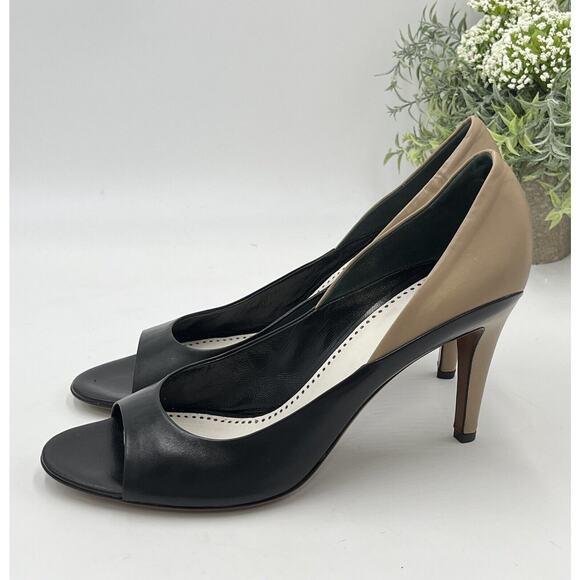 Moschino Cheap & Chic Color Block Black Tan Leather Peep Toe Pumps Sz 40/9.5 - Picture 8 of 16